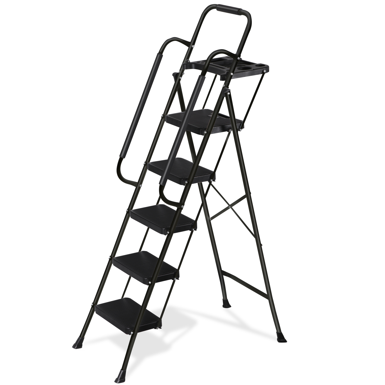 5-Step Ladder Portable Folding Anti-Slip Steel Ladder w/Handrail Tool Tray Black