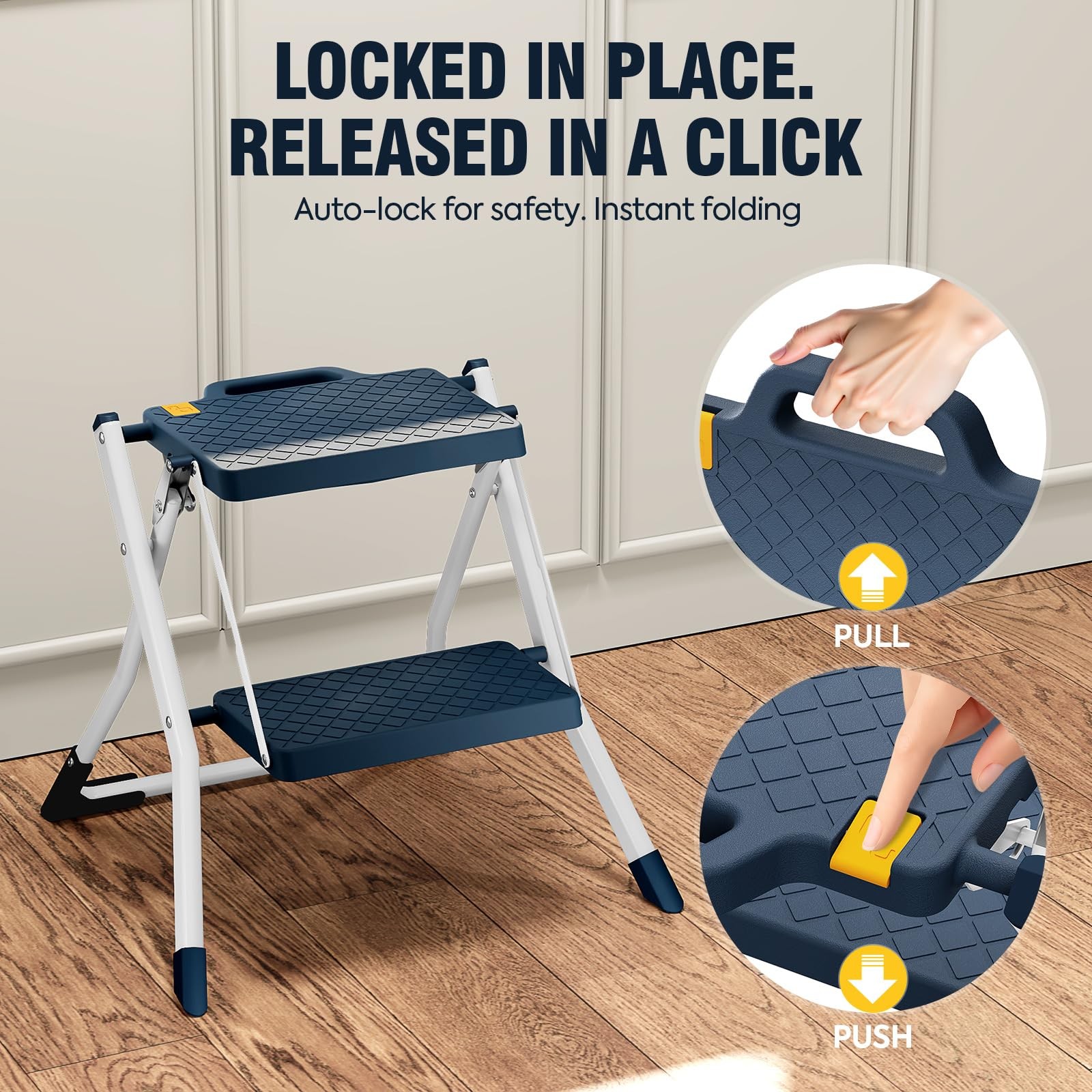 URACKIFY 2 Step Stool Foldable, Ladder with Non-Slip Rubber 2-STEP, Blue