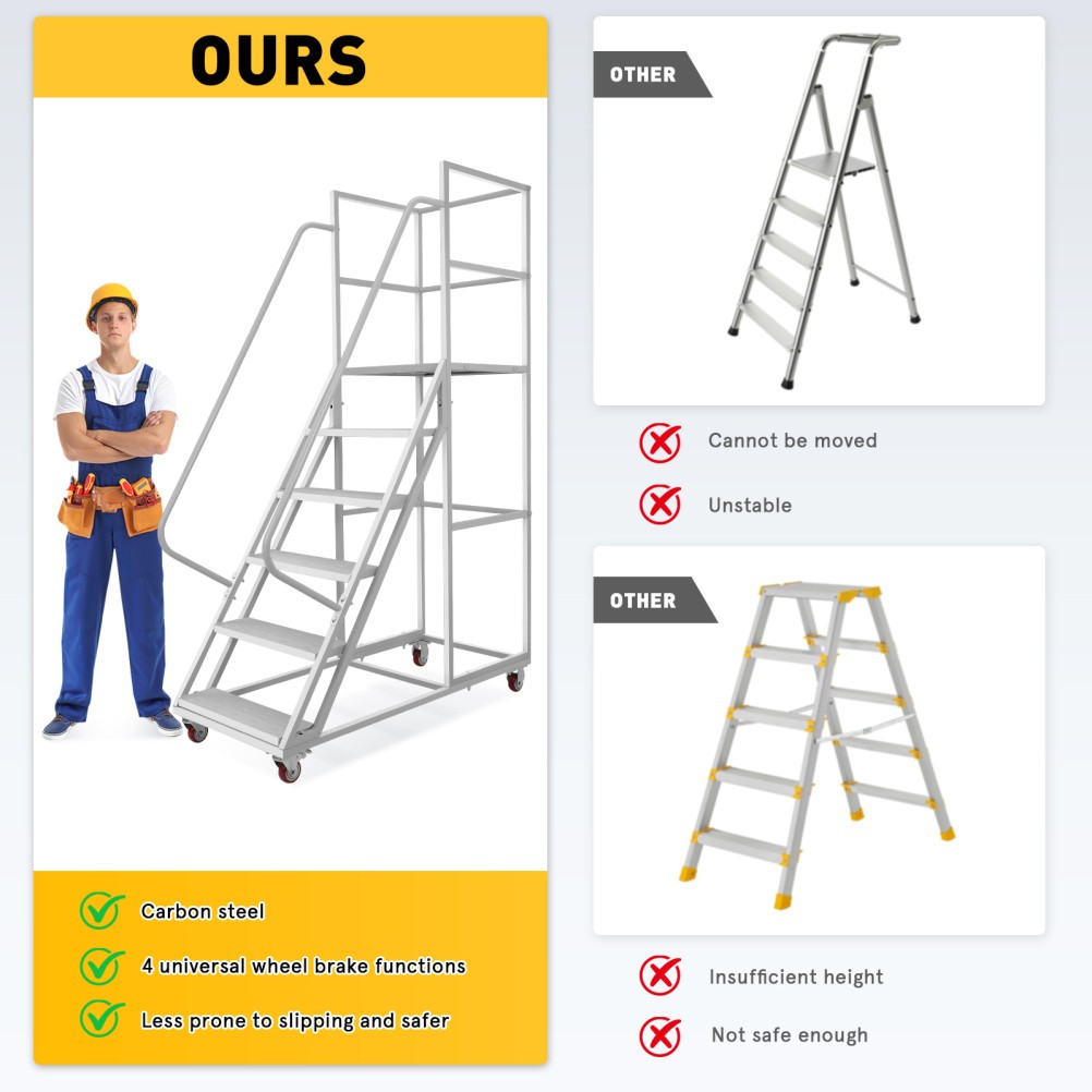 6-Step Rolling Platform Step Ladder Safety Non-Slip Stairs with Brakeable Wheels
