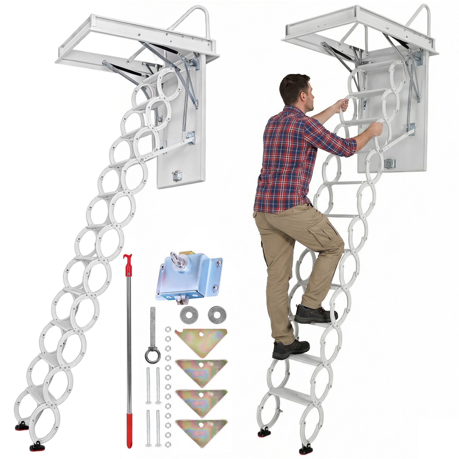 11 Steps Wall Mounted Folding Ladder Loft Stairs White Attic Steps Pull Down US