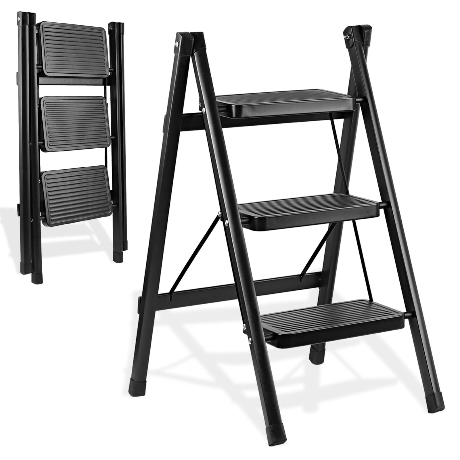 3-Step Ladder, Folding Step Stool for Kitchen/Closet/Garage, 3-Step, Black