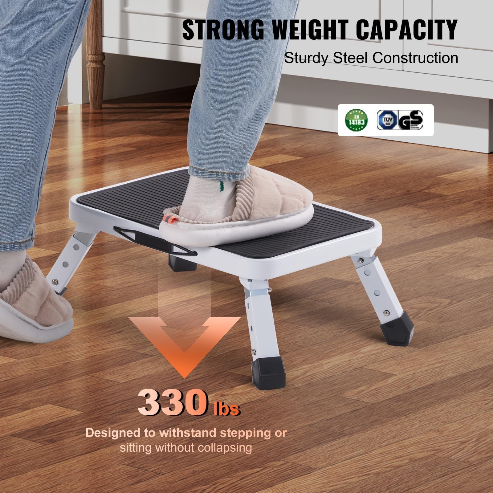 VEVOR 1-Step 330lbs Capacity Folding Steel Step Ladder, 1-Step, White+black