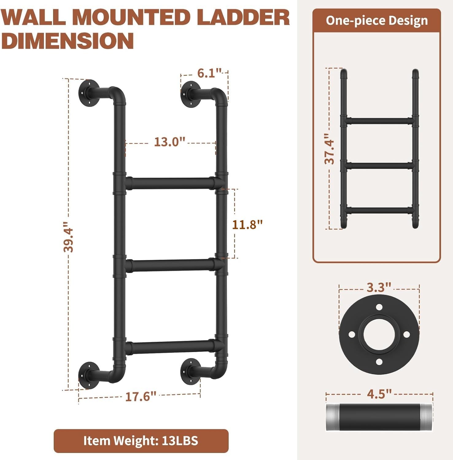 3-Rung Wall Mounted Metal Step Ladder, Basement Window Well 3.2FT, Black