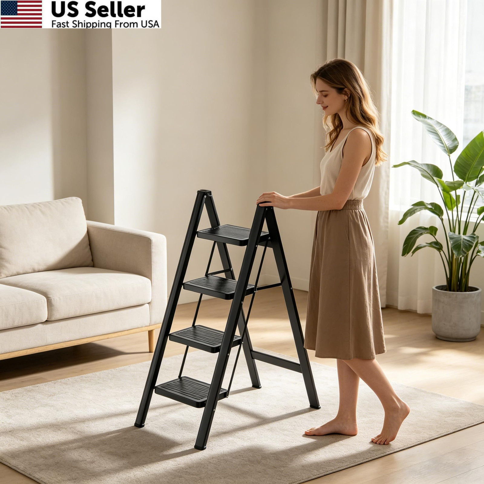 KOLL LINK Step Ladder 4 Folding, Sturdy 330 Lbs 4 step ladder, Black