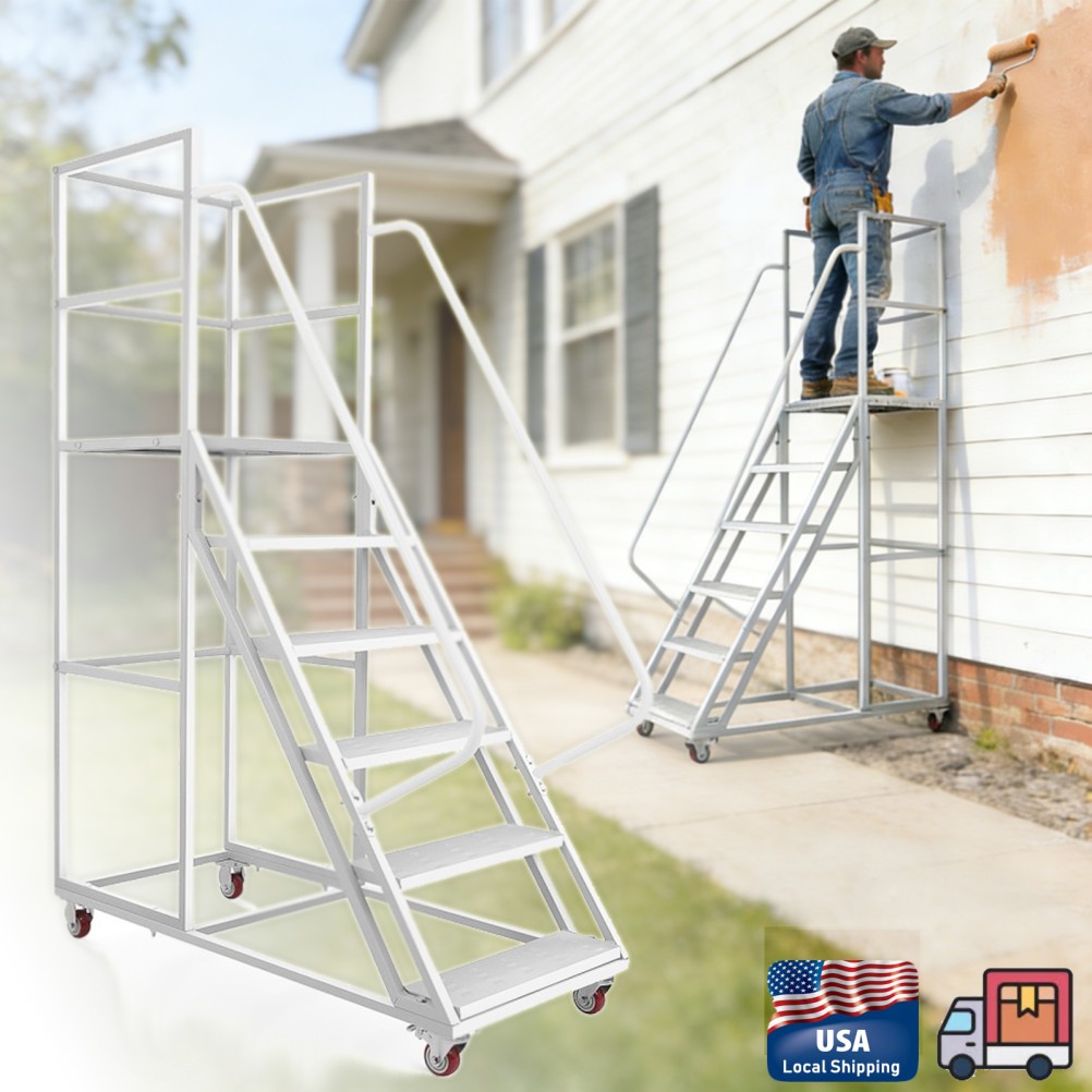 6-Step Rolling Platform Step Ladder Safety Non-Slip Stairs with Brakeable Wheels