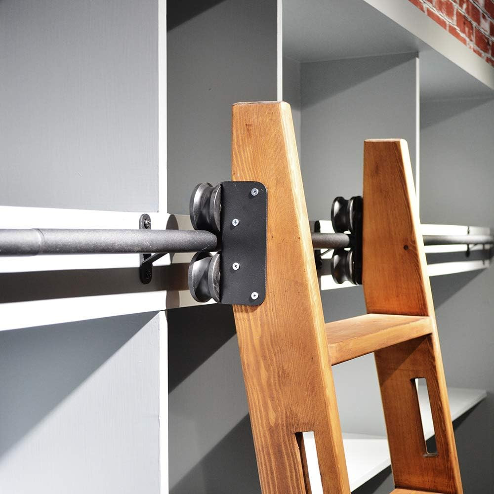 4FT Rustic Black Sliding Library Ladder Kit with Braking Wheels, 330Lbs Capacity