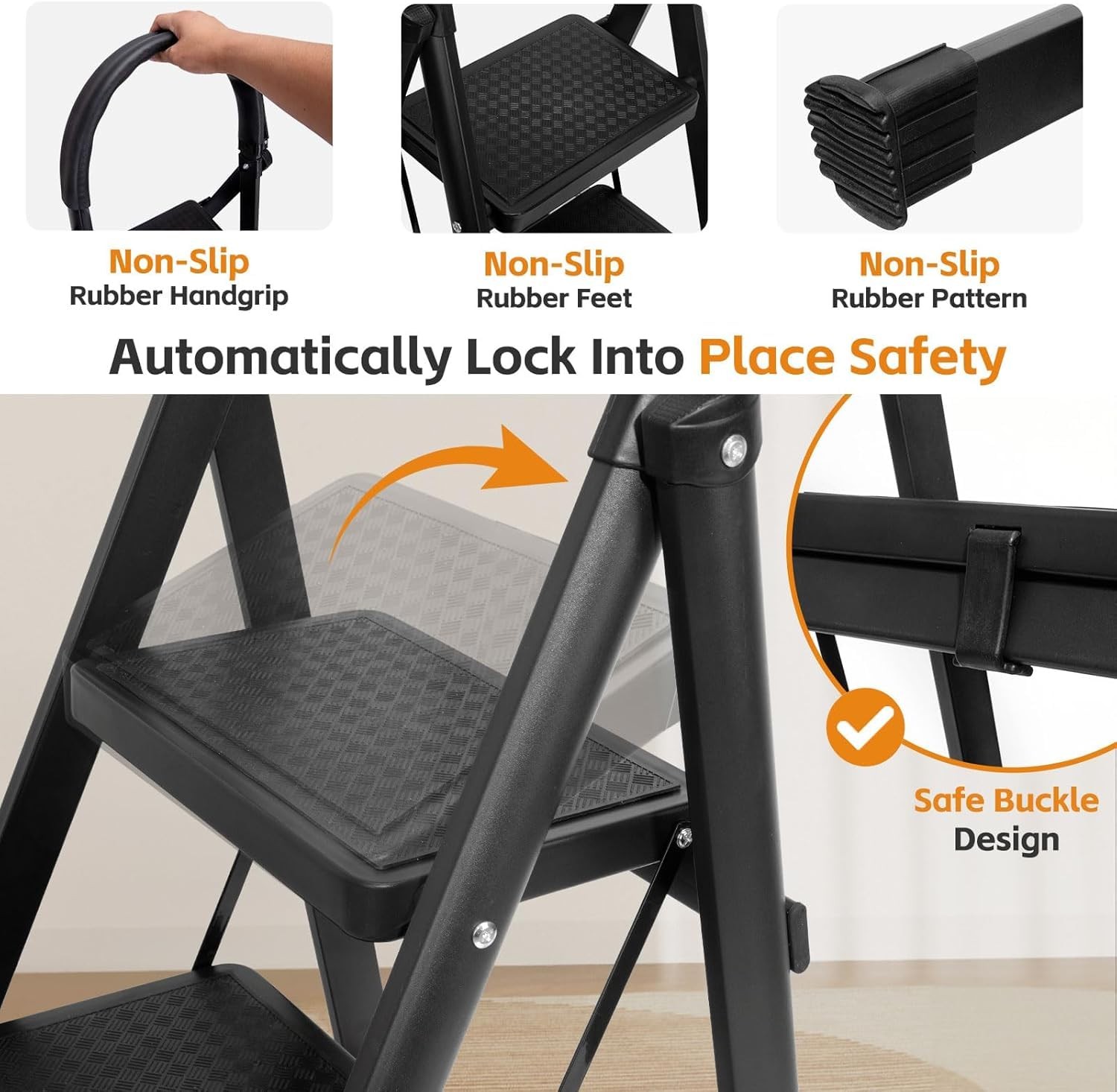 3 Step Ladder, Folding Stool with Wide Anti-Slip Pedal, 3-Step, Black