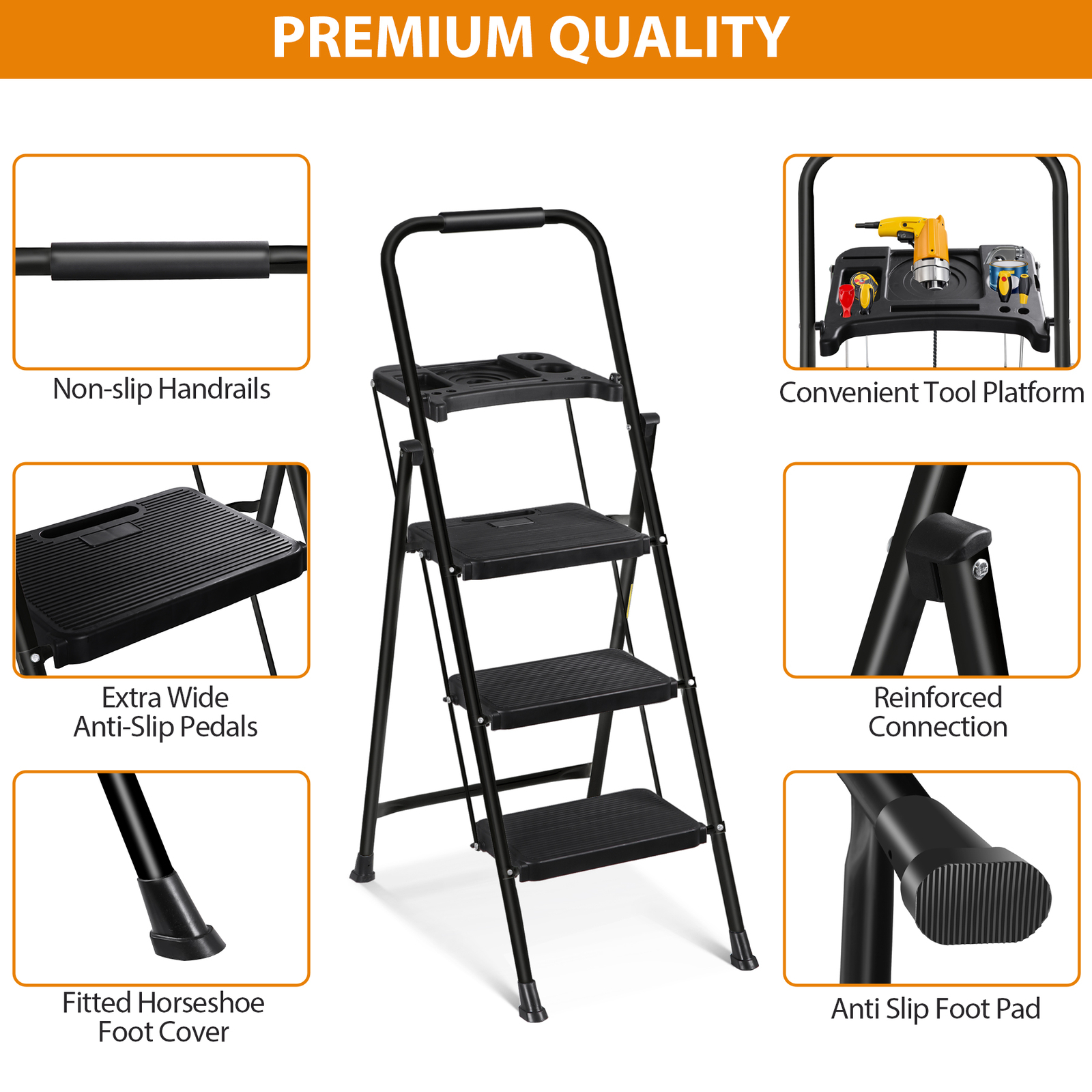 3-Step Ladder Folding Step Stool 330lbs Max Load Capacity Steel Non-Slip Black