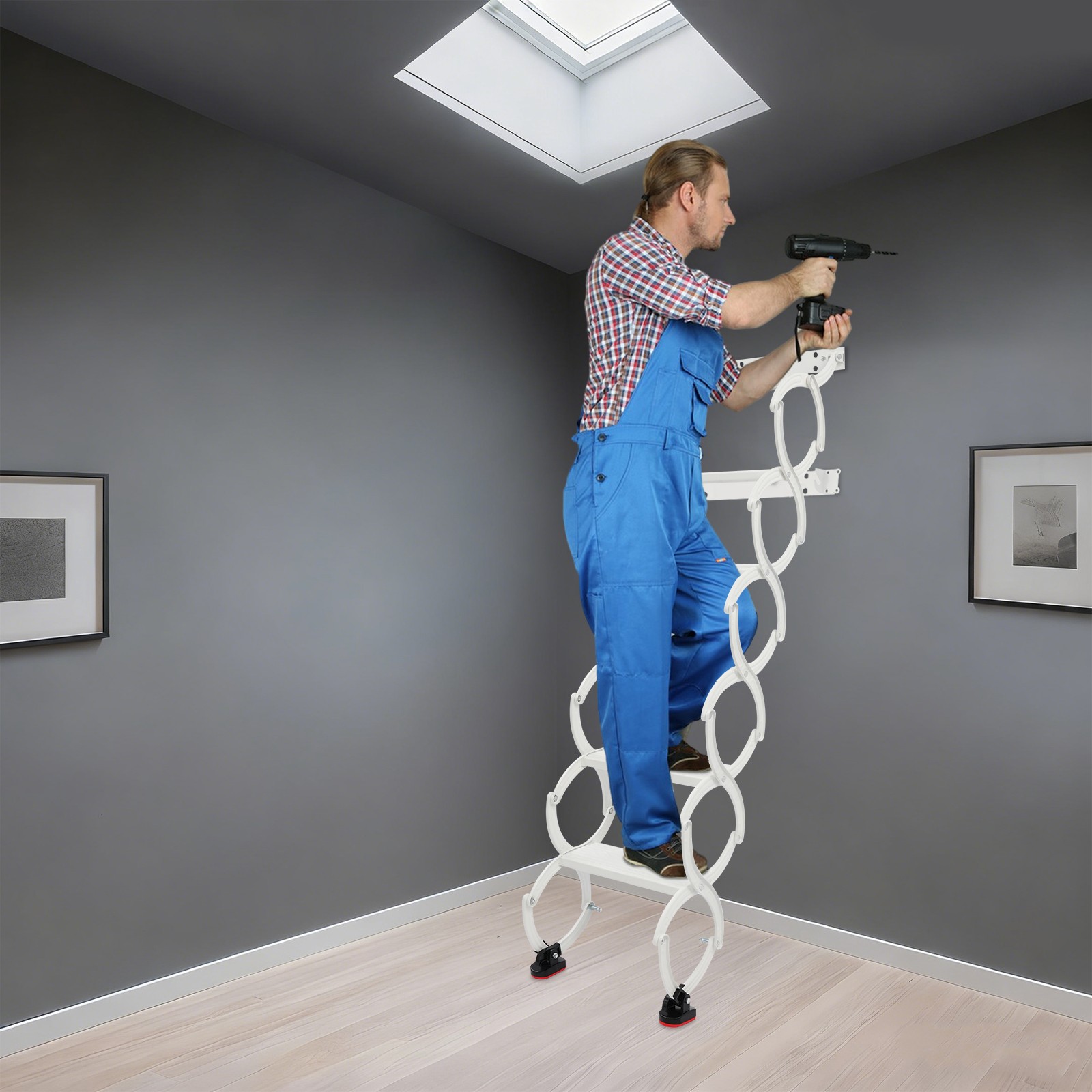 Wall Mounted Folding Ladder,White Step Ladders,6-Steps Retractable Folding Stair