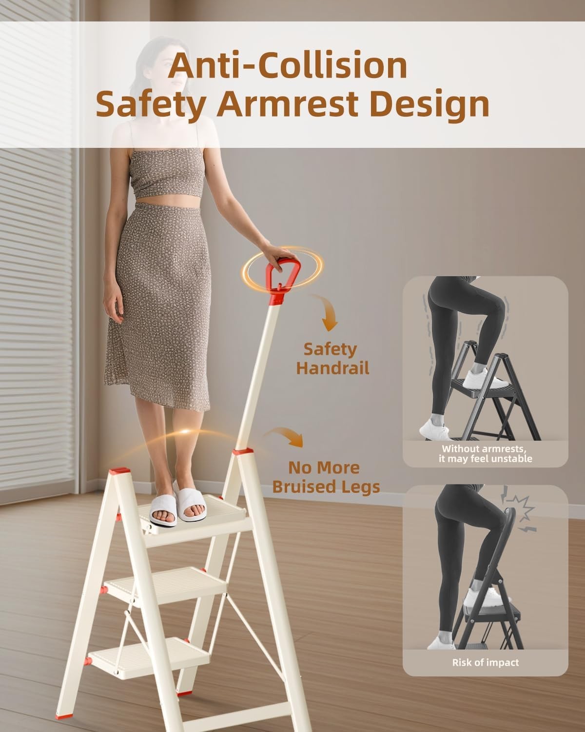 Beige 3 Step Ladder with Handrail Foldable Step Stool Anti-Slip