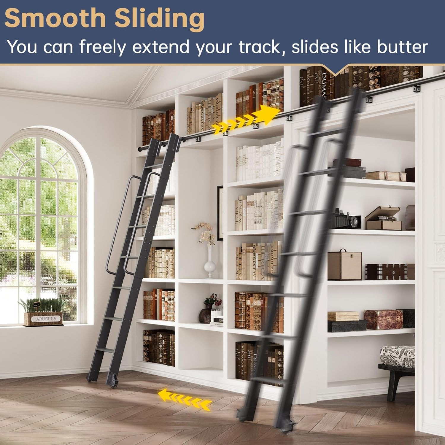 10FT Aluminum Library Ladder with 12FT Hardware Kit, 450Lbs Capacity, Black