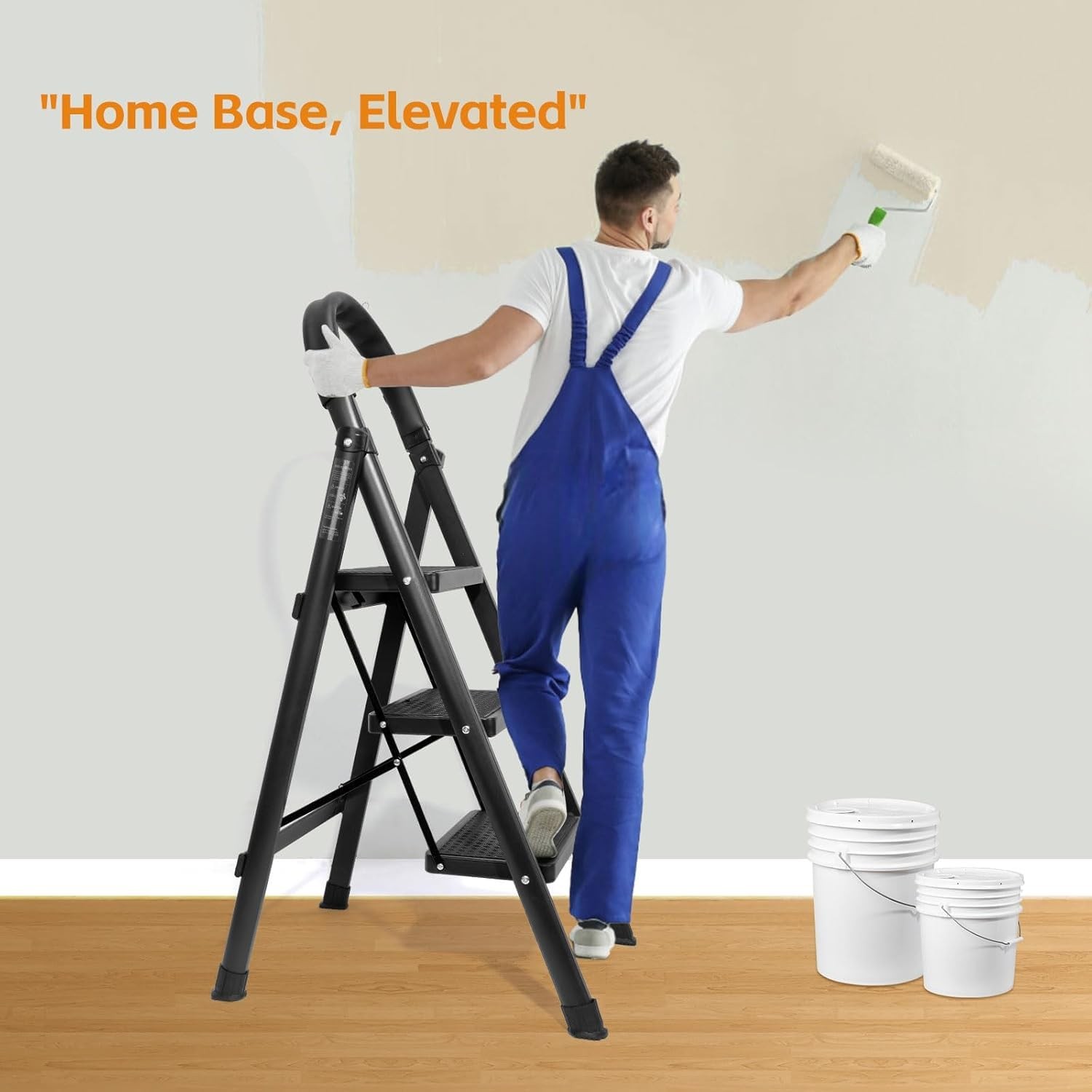 3 Step Ladder, Folding Stool with Wide Anti-Slip Pedal, 3-Step, Black