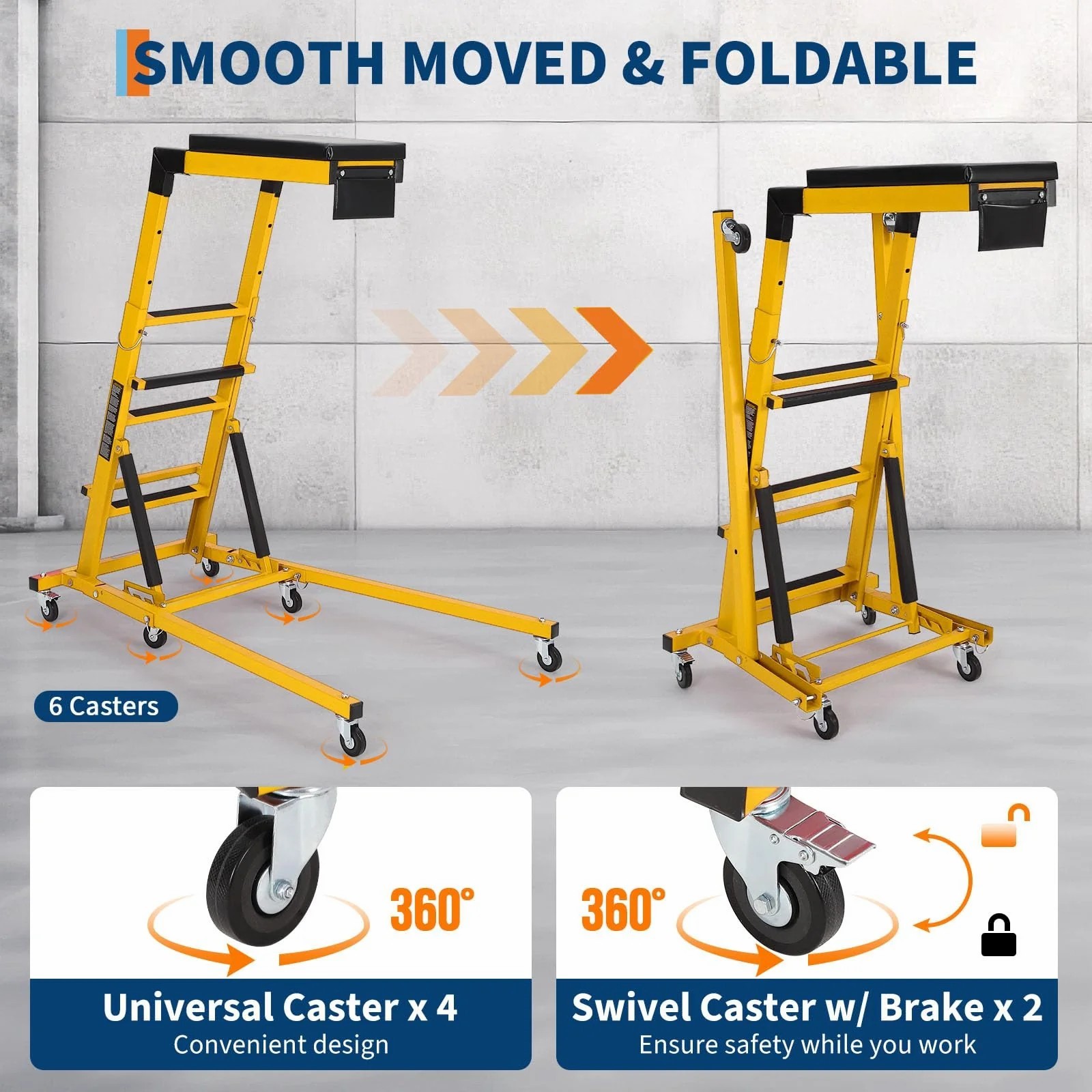 Topside Automotive Engine Creeper 400LBS Foldable 6 Casters Thick Cushion Yellow