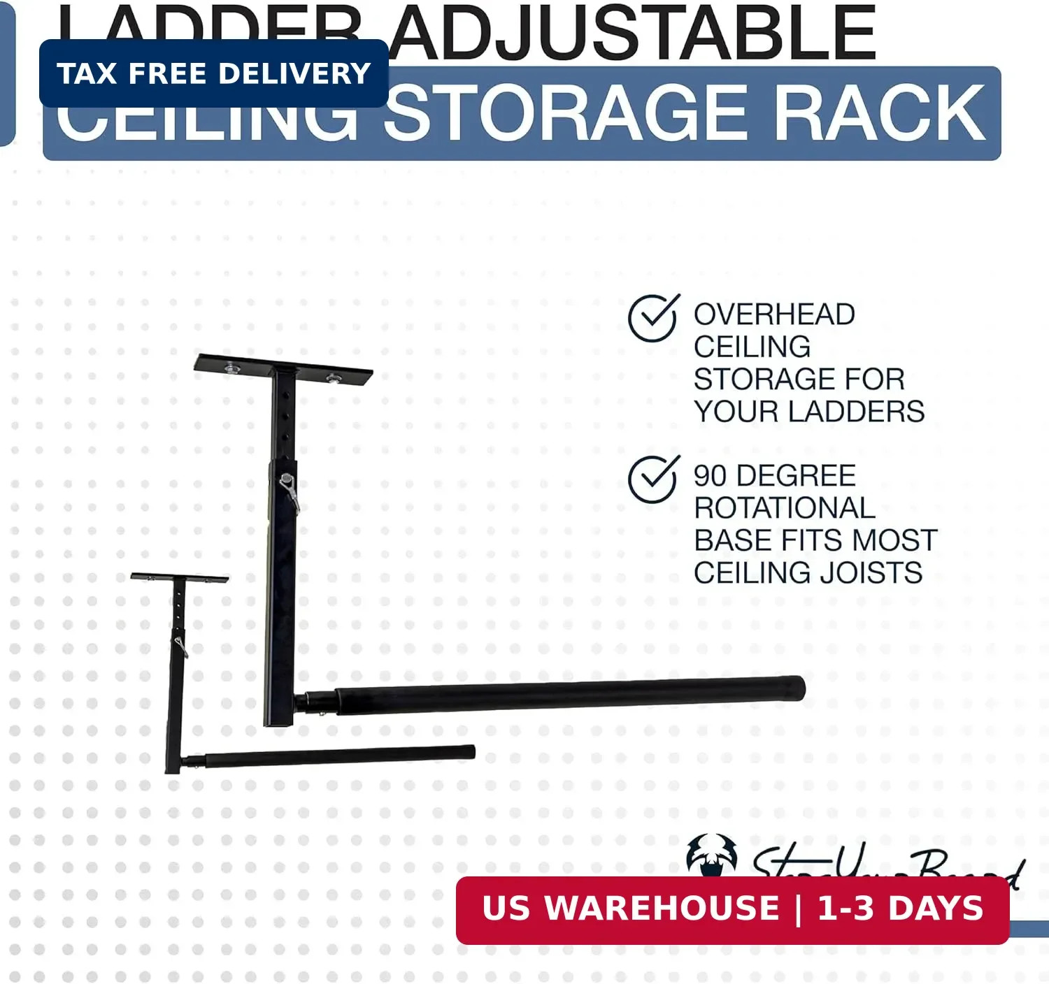 Adjustable Overhead Ladder Rack – Garage Organizer Ladder Shelf for Step & Exten