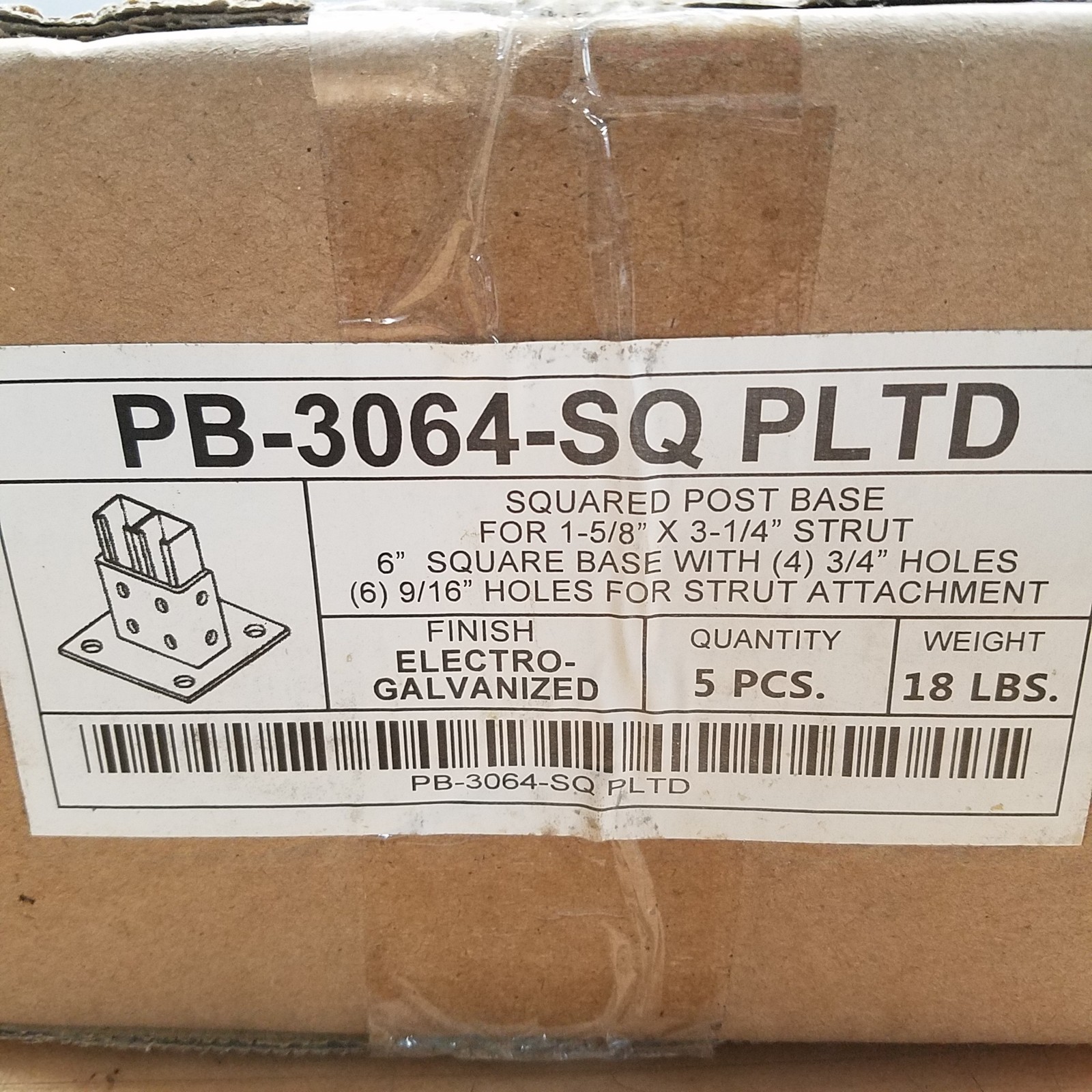 PB-3064-SQ PLTD Squared Post Base, 6″ Base, Galvanized Steel 1-5/8″x3-1/4″ Strut