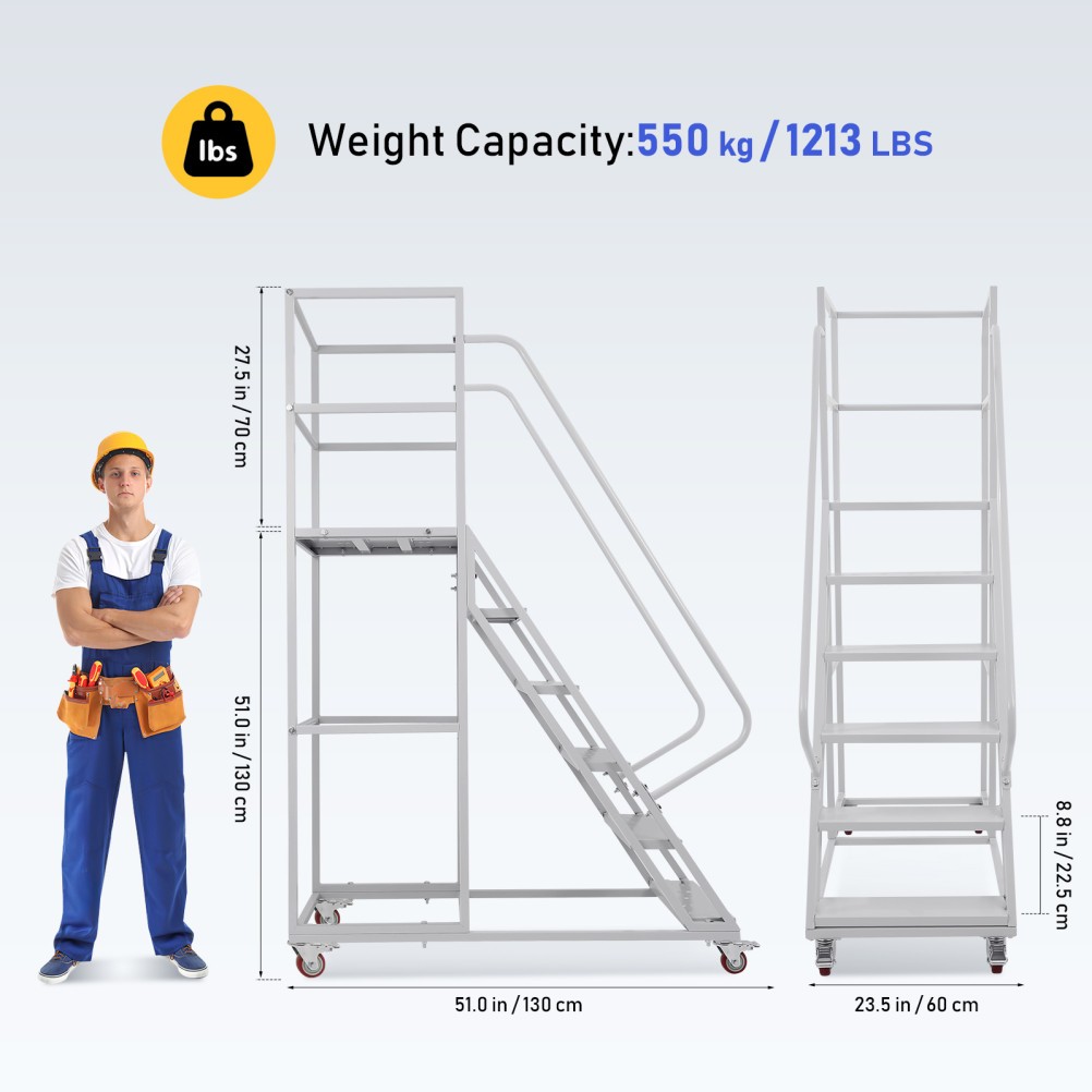 6 Step Rolling Ladder with Platform, 1213LBS Capacity Industrial Platform Ladder