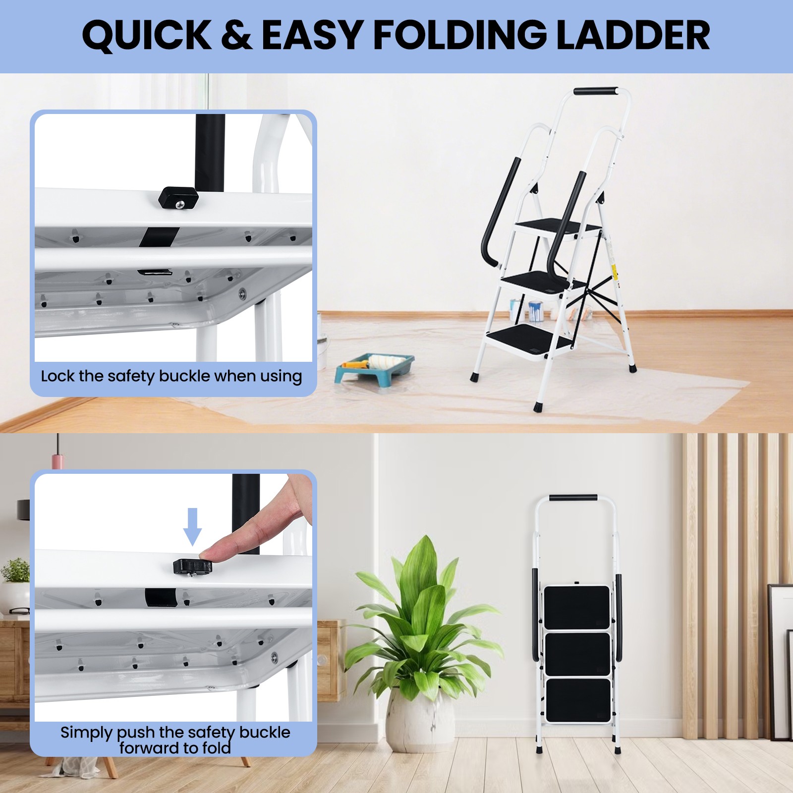 3 Step Ladder with Handrails, Portable Folding Step Stool with Safety Lock