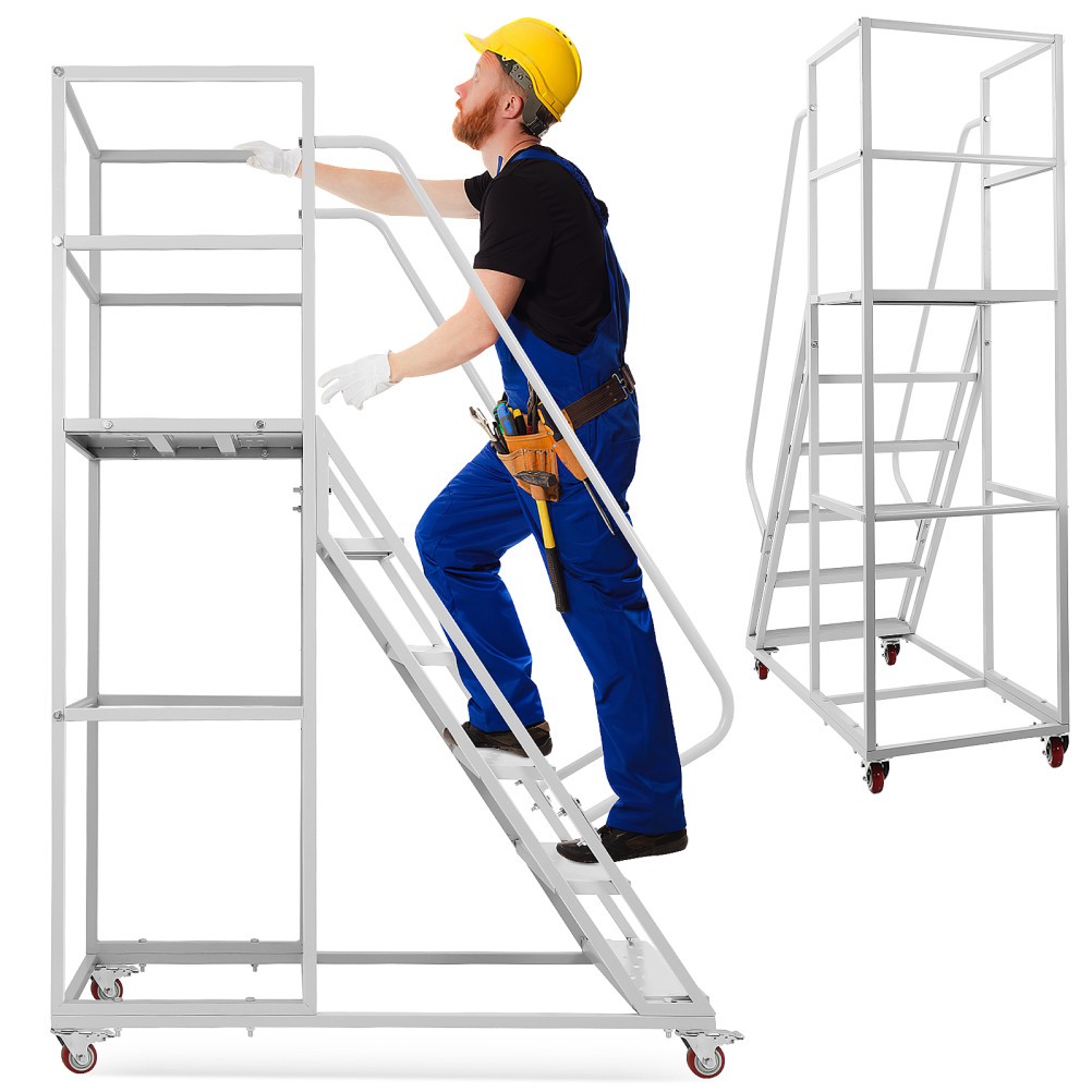 6 Step Rolling Ladder Mobile Rolling Stairs w/ Wheels Non-Slip Industrial Ladder