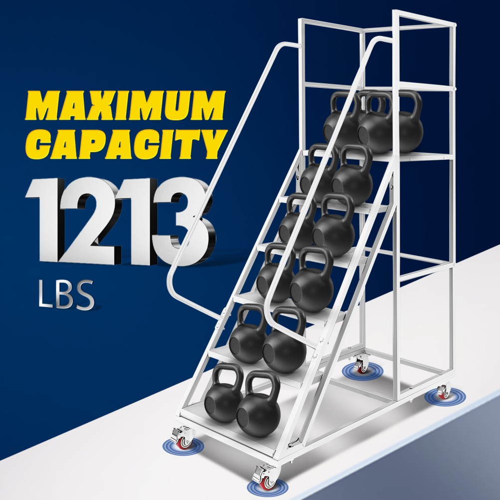 6-Step Rolling Ladder &Dual Handrails 1213LBS Industrial Warehouse Rolling Stair