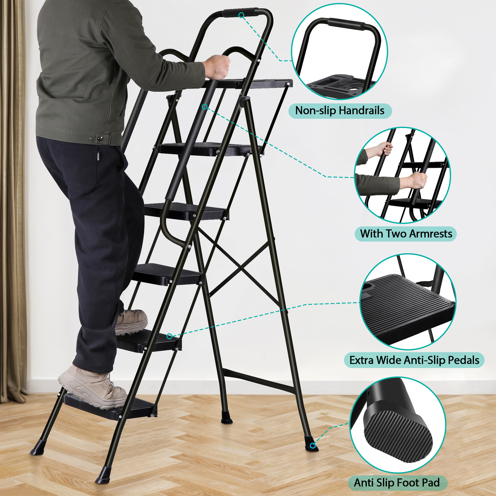 5-Step Ladder Portable Folding Anti-Slip Steel Ladder w/Handrail Tool Tray Black