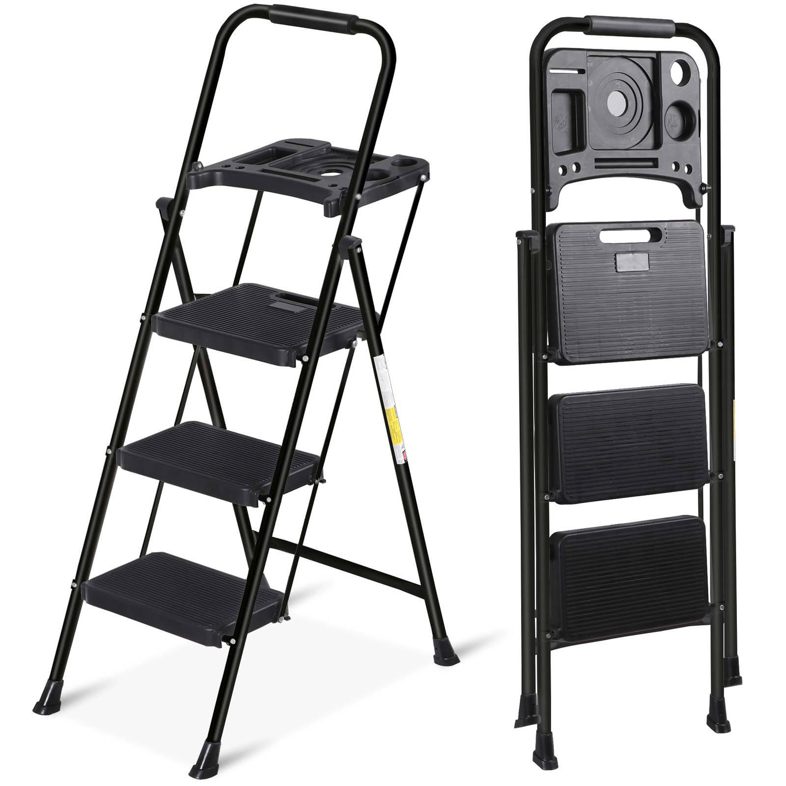 3 Step Ladder with Tool Tray Folding Step Stool Wide Non-Slip Pedal 330lbs Black