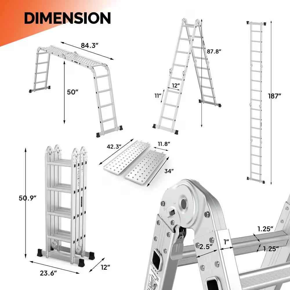15.5 Ft. Reach 330 Lb. Aluminium 7-In-1 Folding Ladder, Heavy Duty Combination M