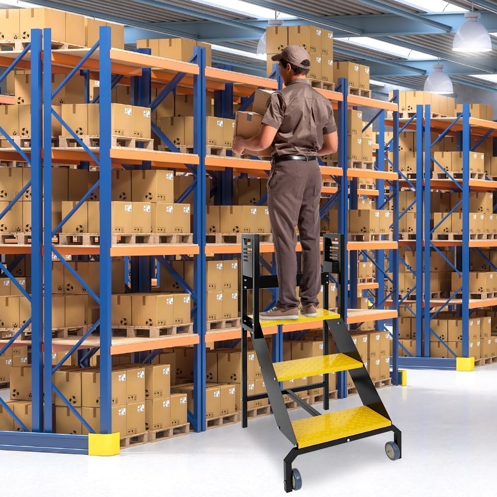 3 Step Industrial Ladder with Handrails, Warehouse Floor Standing Rolling Stairs