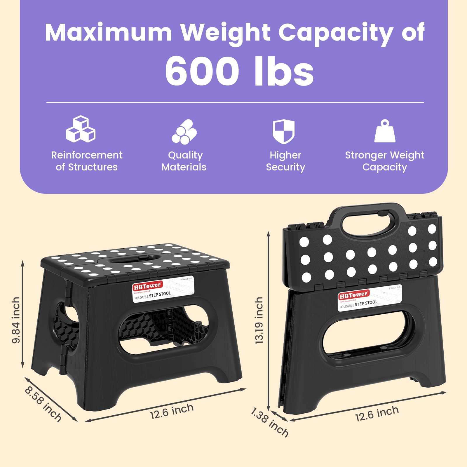 HBTower Folding Step Stool 9 Inch – Holds 600 lb, 9 (Pack of 1), Black