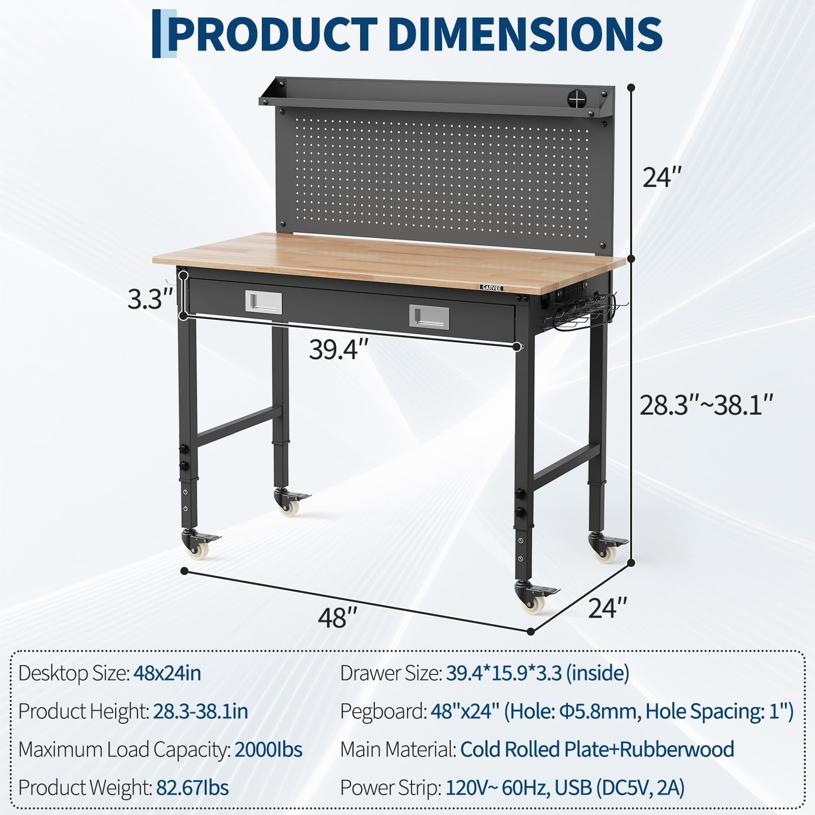 Adjustable Height Workbench 48×24” HeavyDuty Steel Garage Work Table ETL Outlet