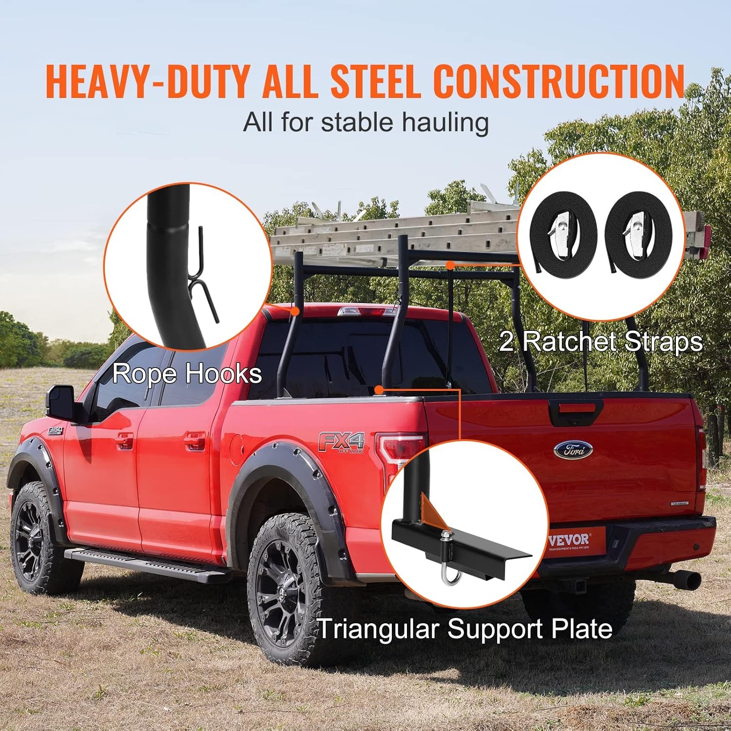 VEVOR Extendable Steel Truck Ladder Rack – 800 lbs Capacity, 46-71 inch, Non-Dri