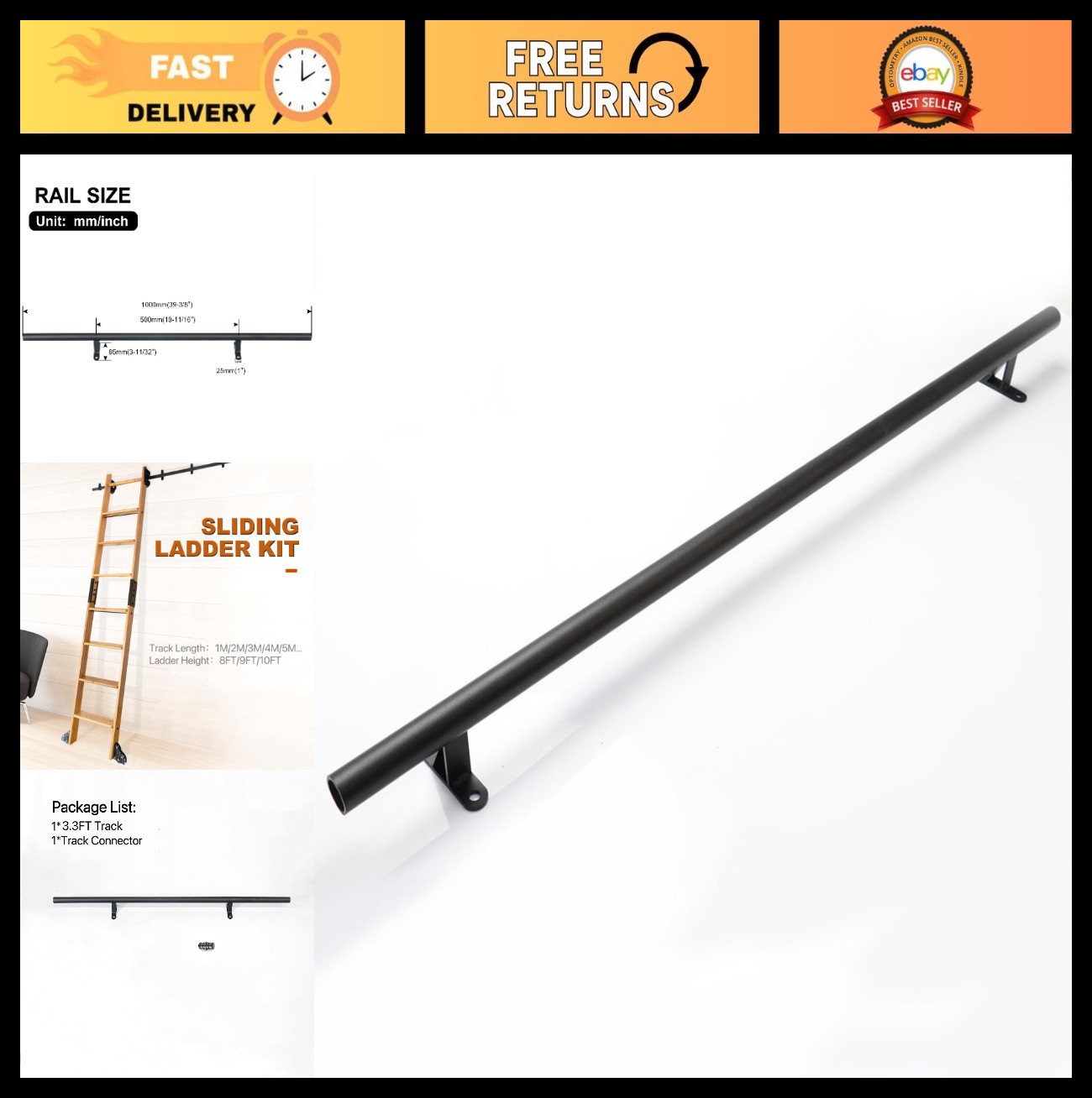 39” Round Track Rail for Rolling Ladder Hardware Kit – Black, Narrow Gauge, Eas