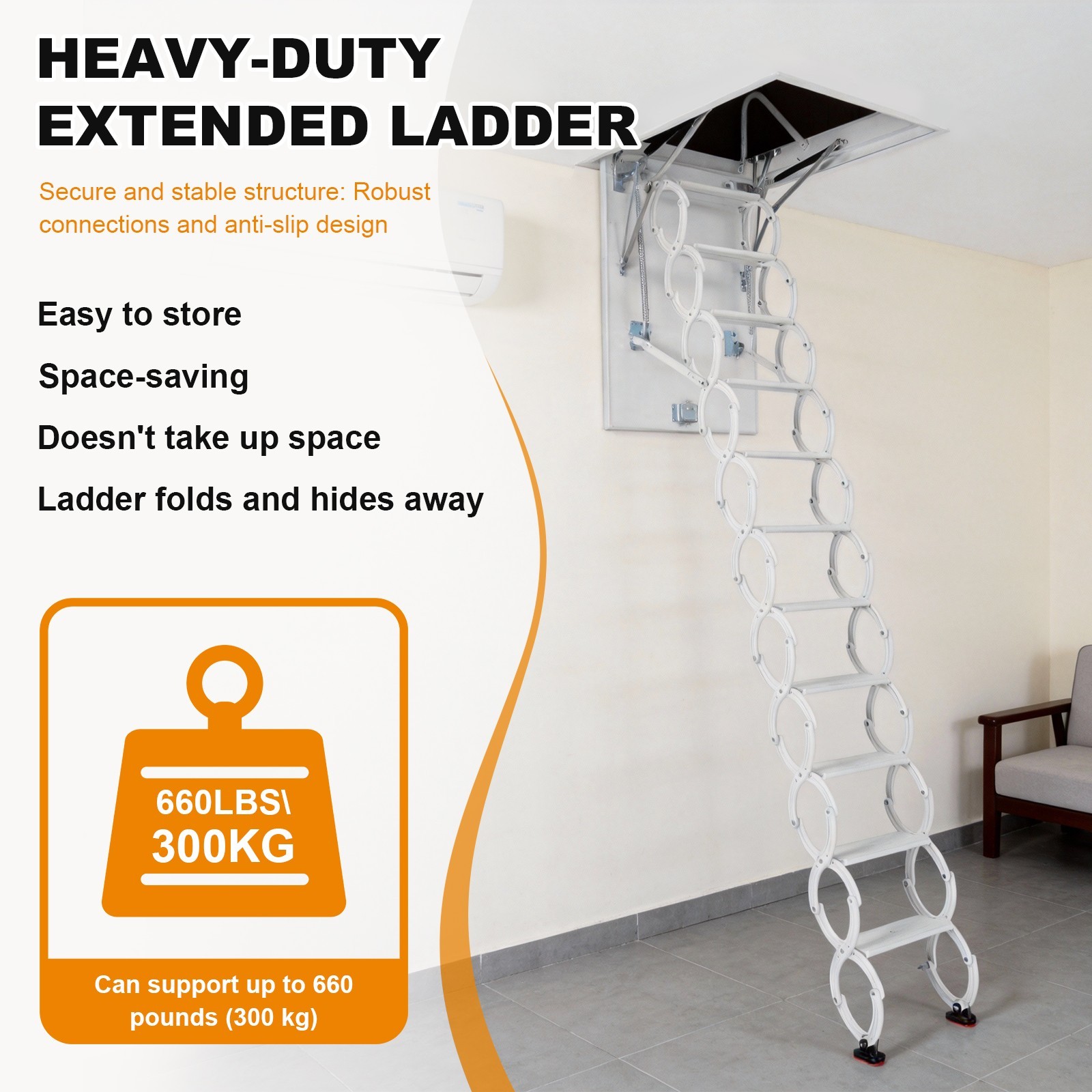 11 Steps Wall Mounted Folding Ladder Loft Stairs White Attic Steps Pull Down US