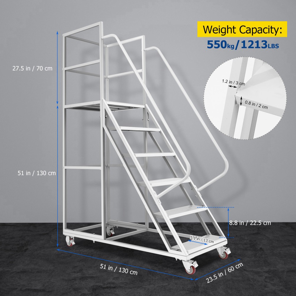 6 Steps Rolling Ladder, Mobile Platform Ladders with Brakeable Wheels 1213LBS