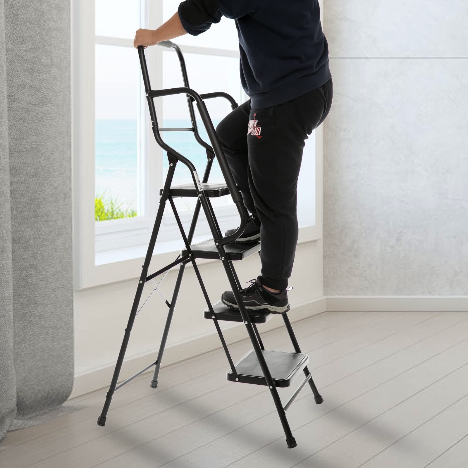 WiberWi 4 Step Ladder with Handrails 500 lb Capacity 4 Step, Black-4