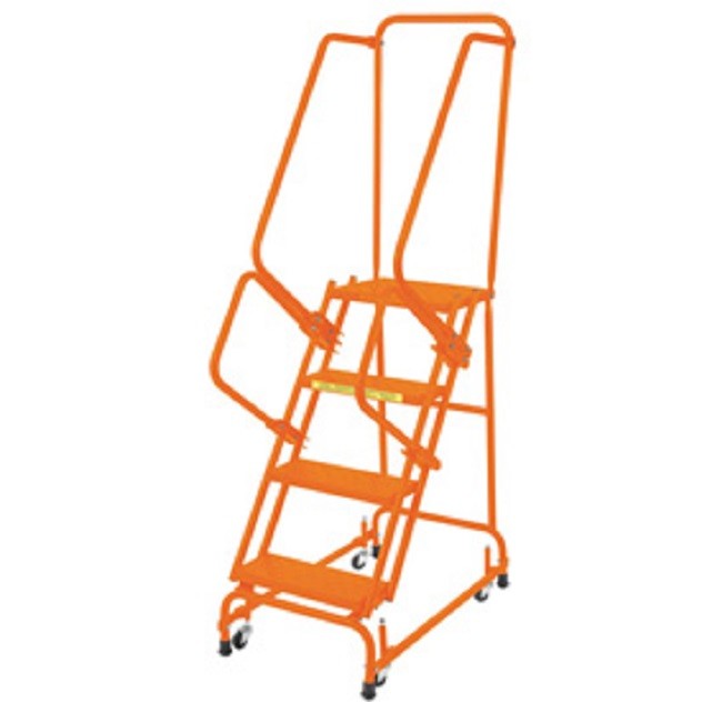 NEW! Perforated 16″W 4 Step Steel Rolling Ladder 14″D Top Step W/ Handrails!!