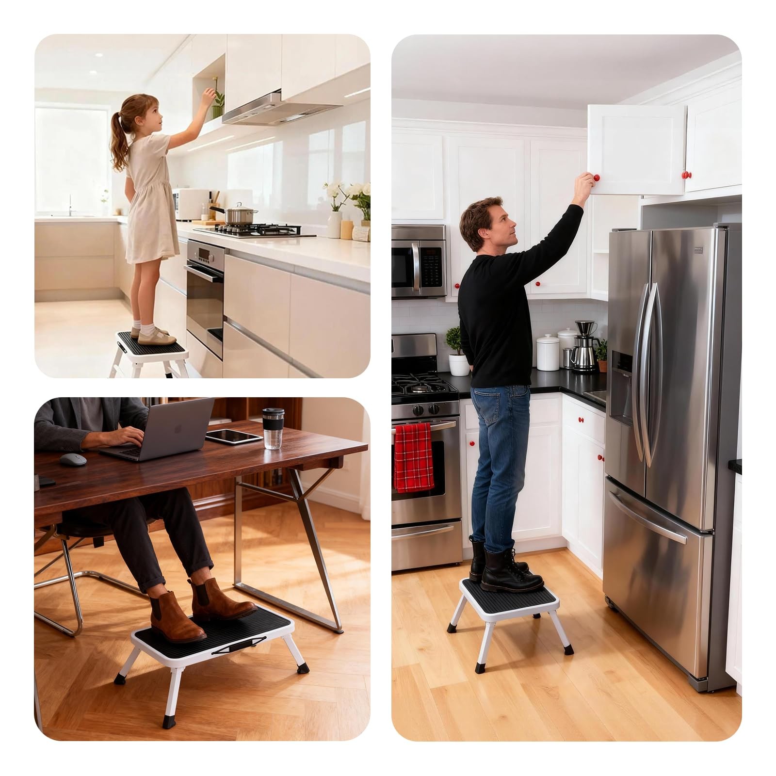 OLIXIS Foldable Step Stool 2 PCS with Pack of 2, Black Platform & White Feets