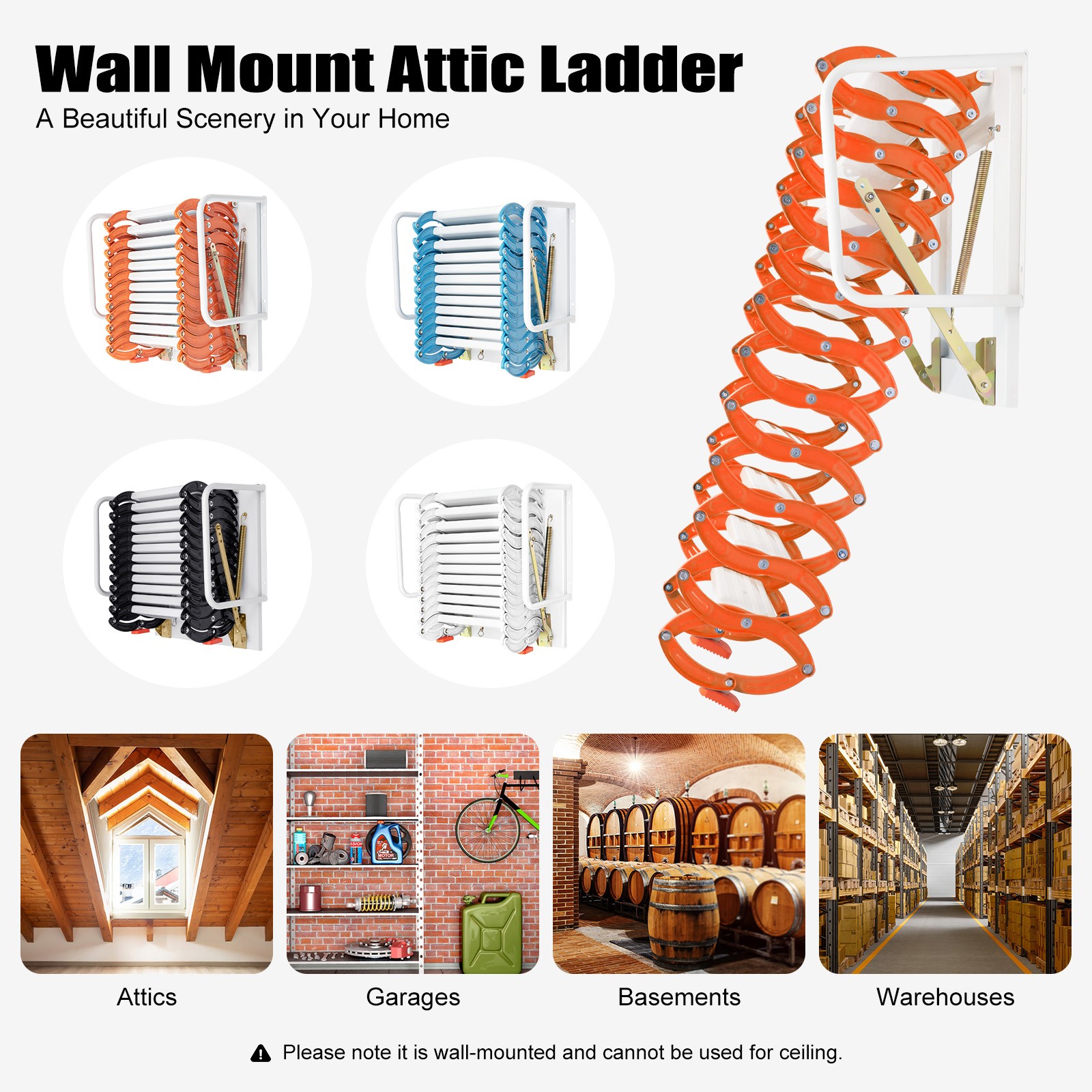 12 Steps Attic Ladder Folding Loft Ladder Wall Mounted Pull Down Attic Stairs
