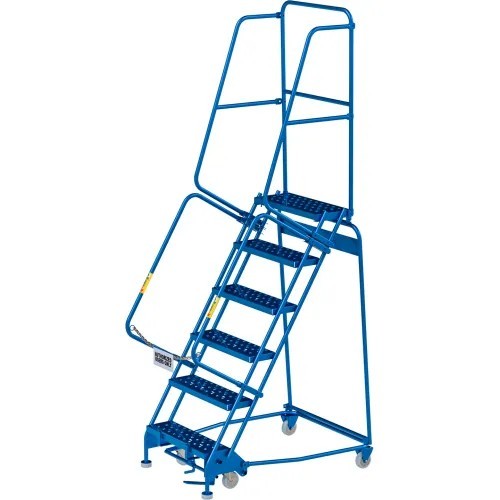 NEW 6 Step Steel Rolling Ladder, 24″W Perforated Step, Cal/OSHA Handrail!!
