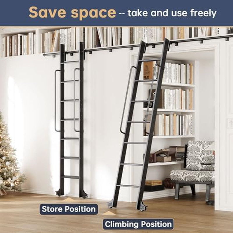 8FT Aluminum Library Ladder with Sliding Hardware Kit & Handrail, 450Lbs Capacit