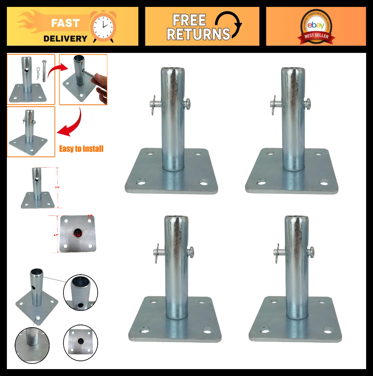 4 PCS Galvanized Scaffold Base Plates with Pins for Baker Style Scaffolding