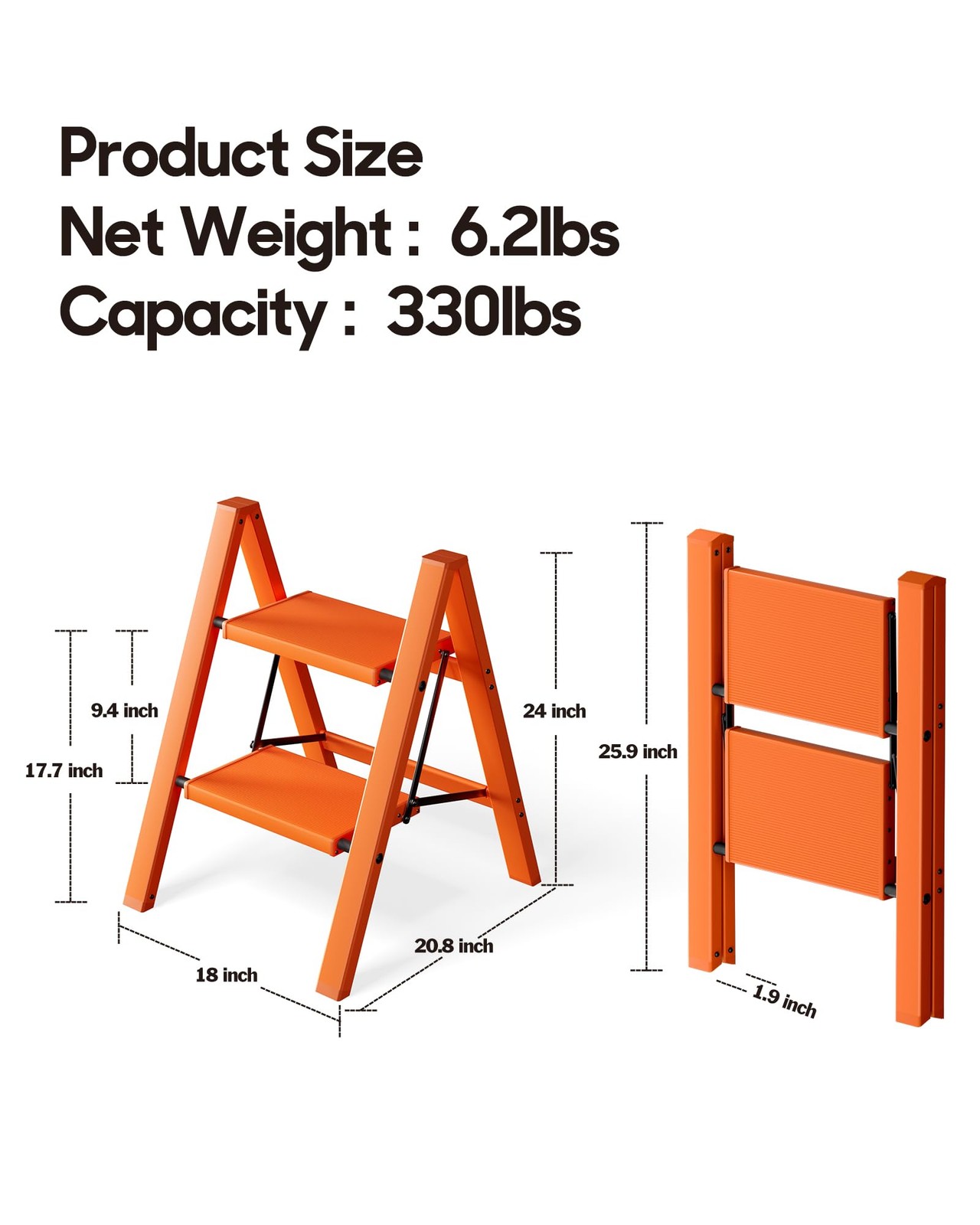 HillhutApex 2 Step Ladder, Lightweight Portable 2 Stool 2 Step, Orange