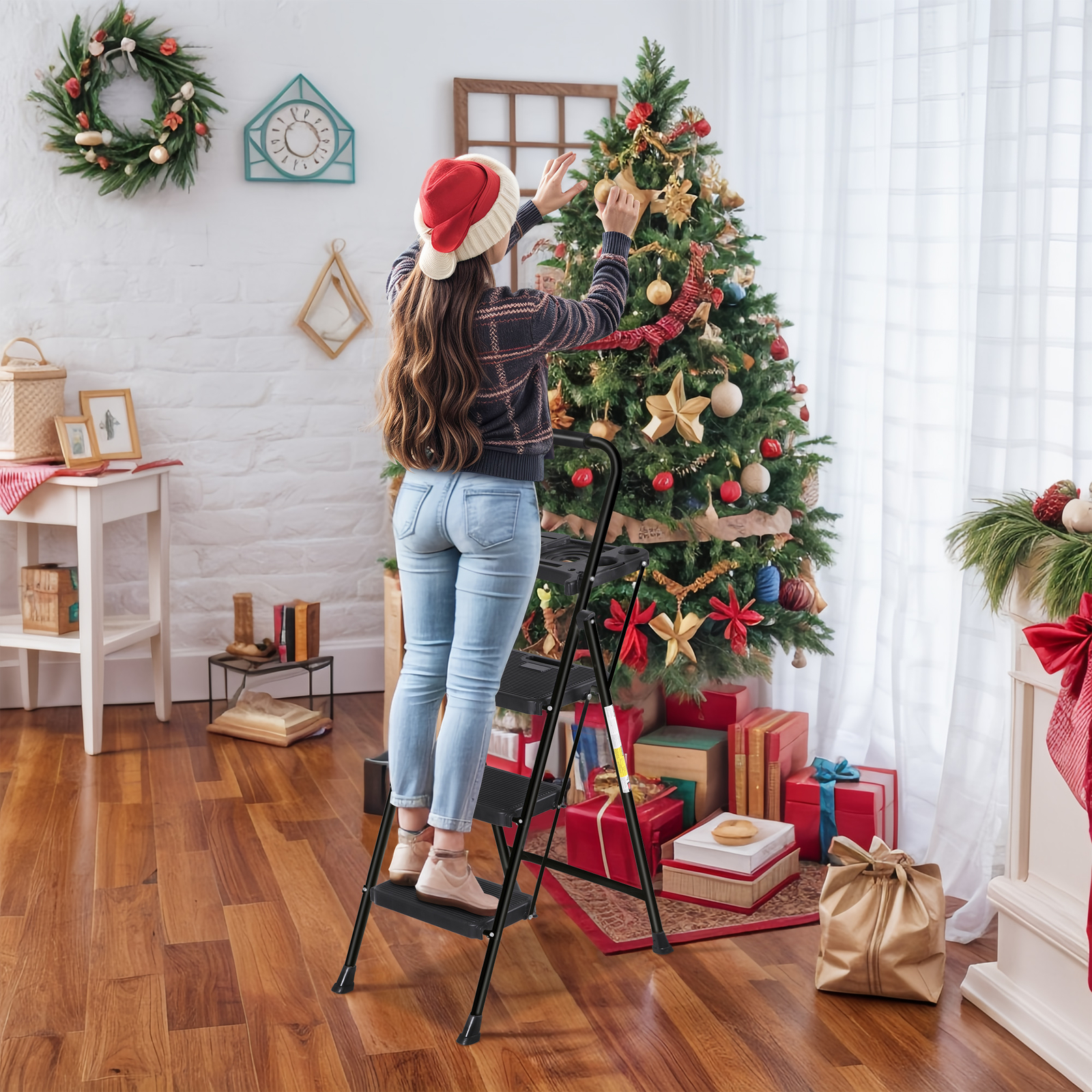 3-Step Ladder Folding Step Stool 330lbs Max Load Capacity Steel Non-Slip Black