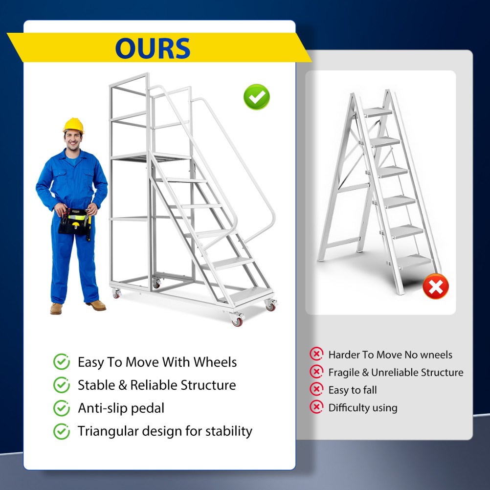 6 Step 1213lbs Steel Rolling Large Platform Step Ladder with Dual Handrails UAS