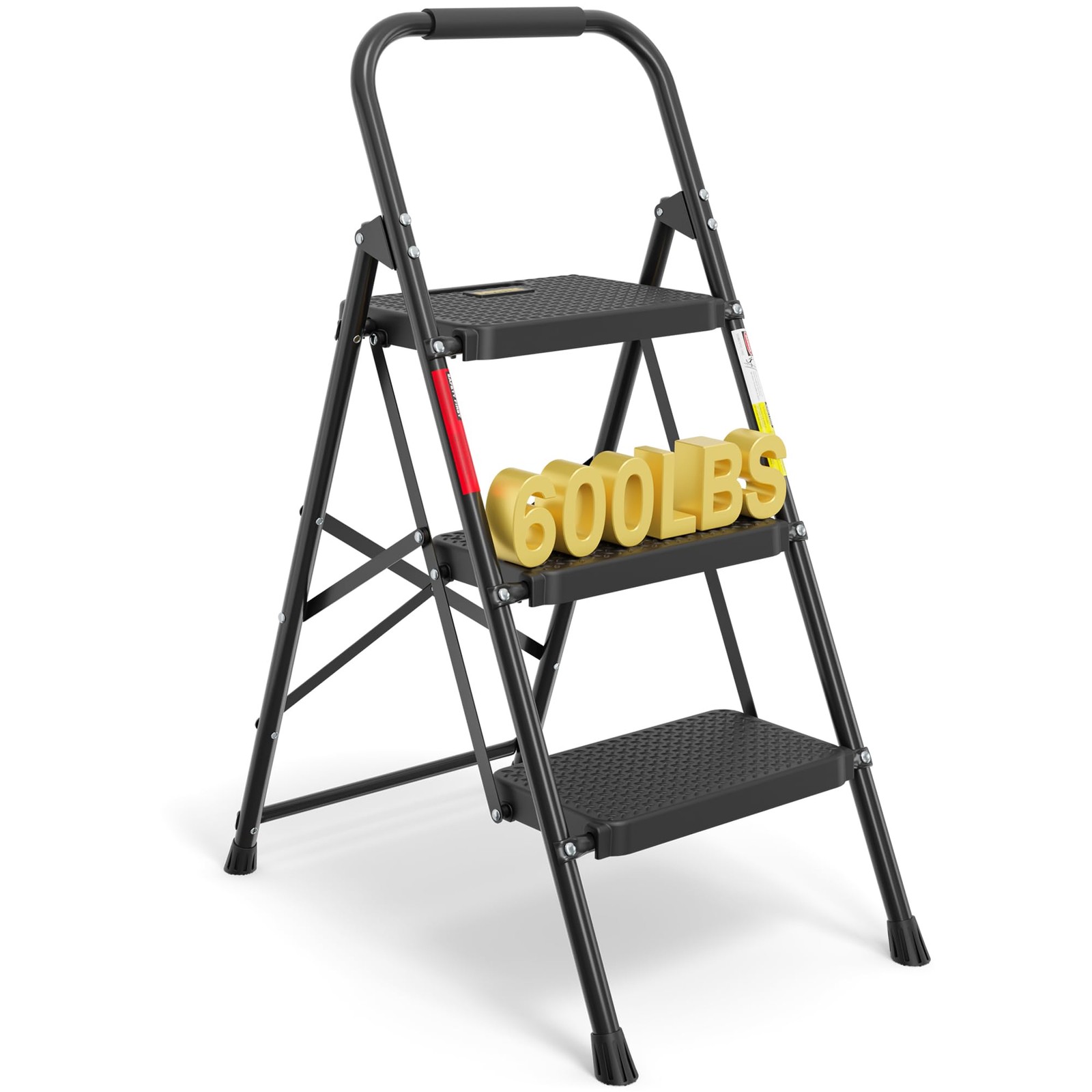 BONTEC 3-Step Ladder, Folding Step Stool, 3-Step, 600lbs Max Load, Black