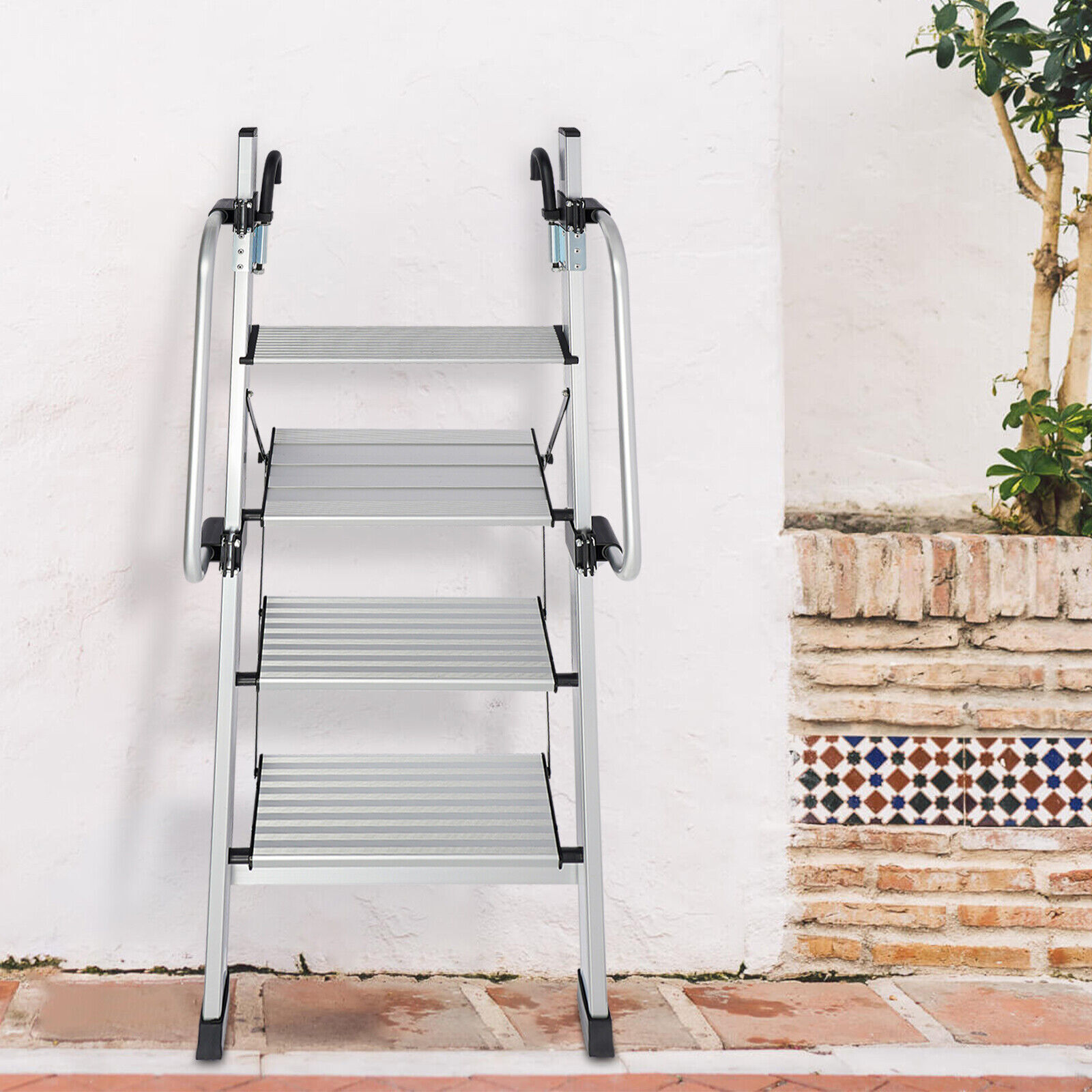 4-Step Floor Standing Bed Ladder Ladder w/ Adjustable Handrail 150kg/330.69lbs
