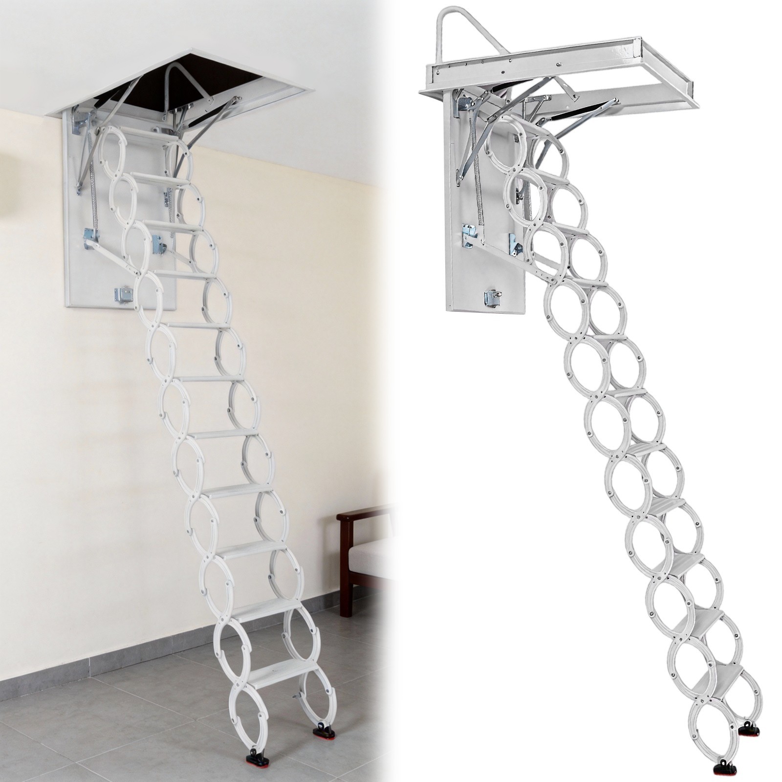 11 Steps Wall Mounted Folding Ladder Loft Stairs White Attic Steps Pull Down US
