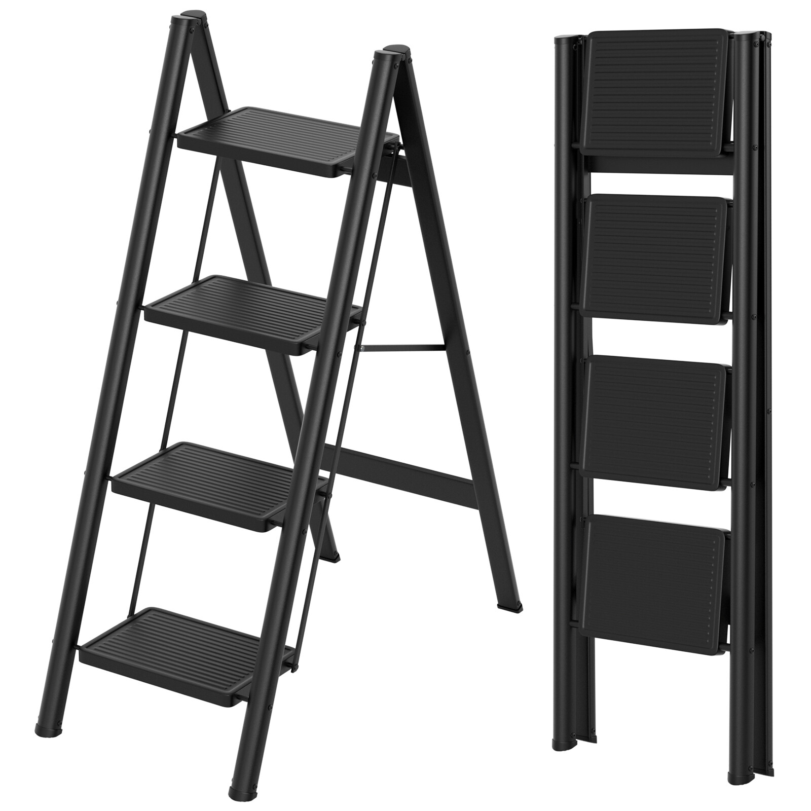 Stepladder, 4 Tiers, Foldable, Aluminum, Wide, Lightweight, Compact, Ladder L3