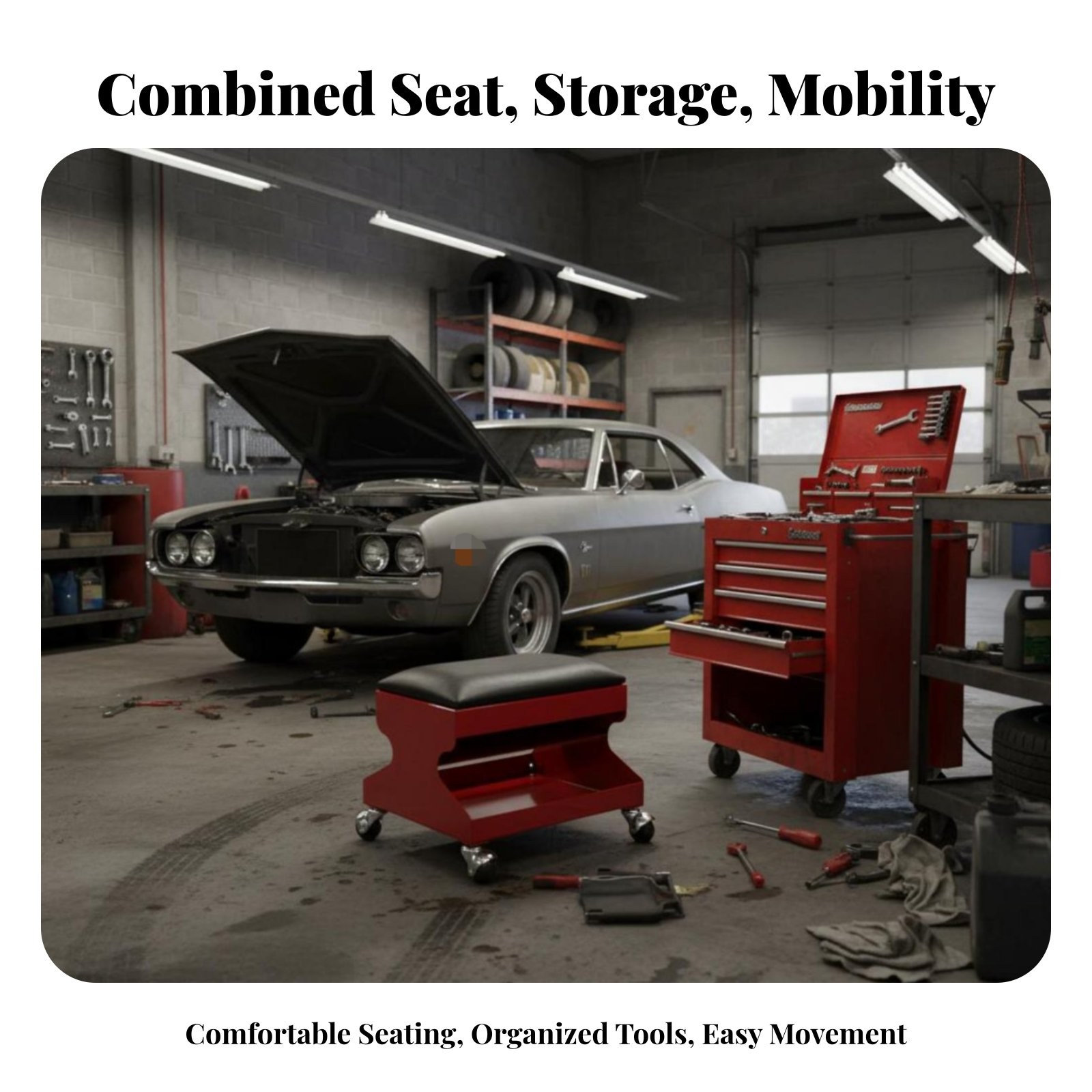 Mechanic’s Stool with Wheels 360-Degree Swivel Casters for Auto Detailers