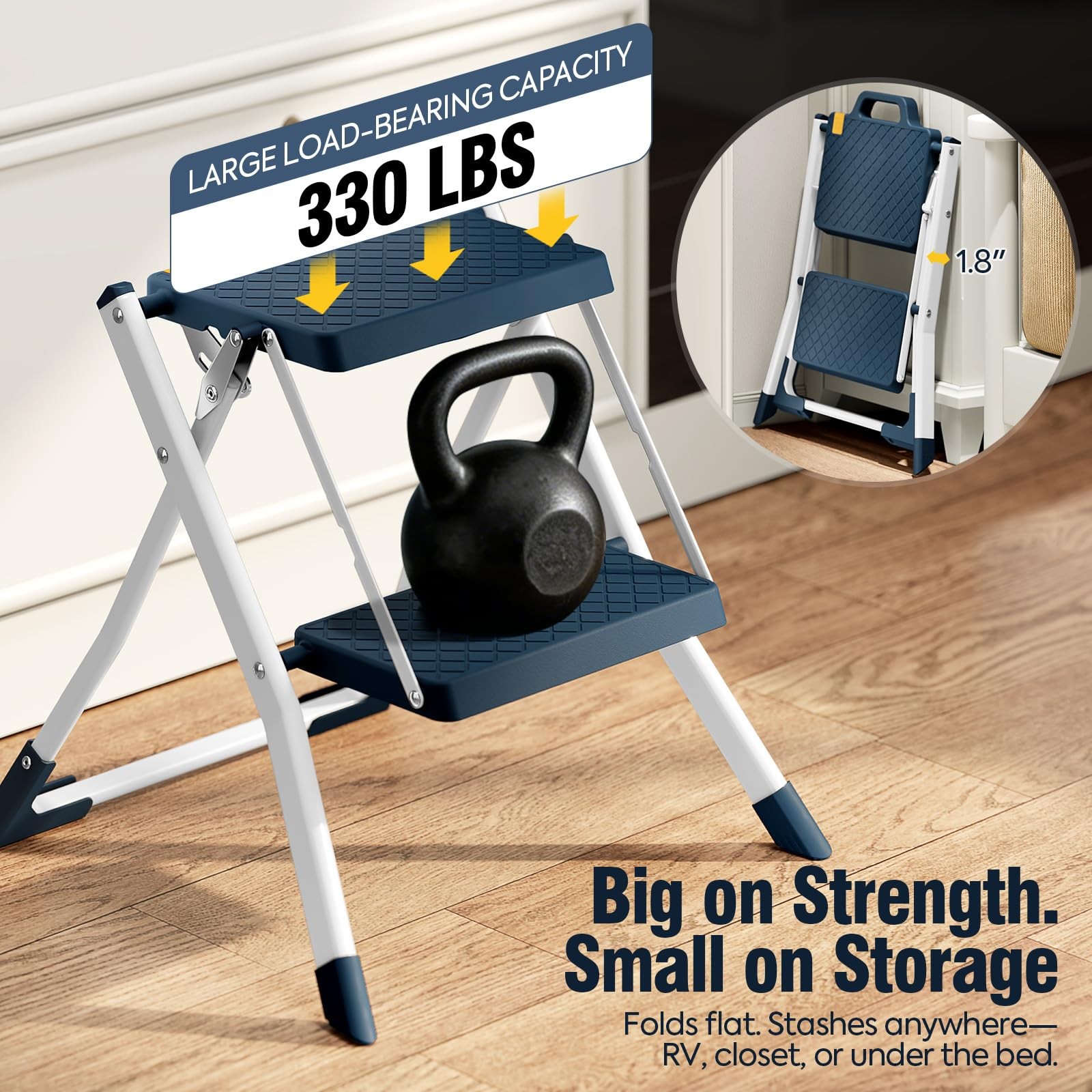 URACKIFY 2 Step Stool Foldable, Ladder with Non-Slip Rubber 2-STEP, Blue