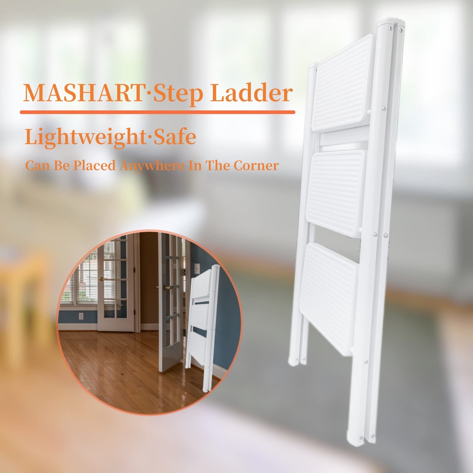 3 Step Ladder,Folding Stool with Wide Anti-Slip Pedal,330lbs Load White